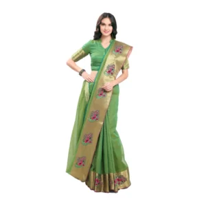Women's Kota Doria Cotton Saree With Blouse (Green,6-3 Mtrs)