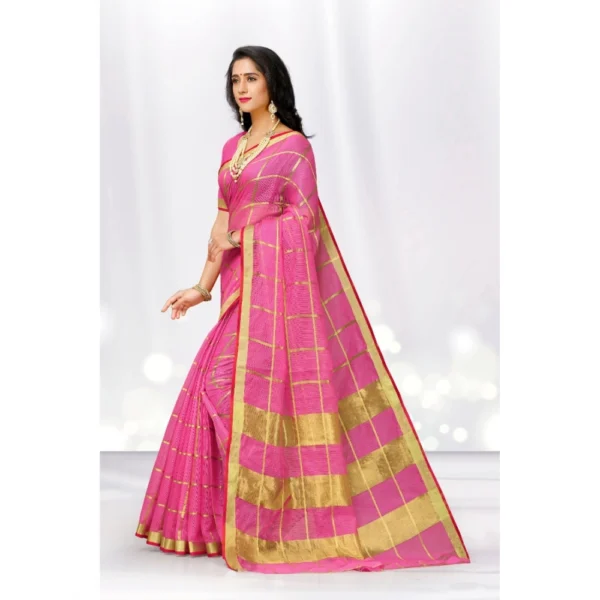 Women's Kota Doria Cotton Saree With Blouse (Pink,6-3 Mtrs)