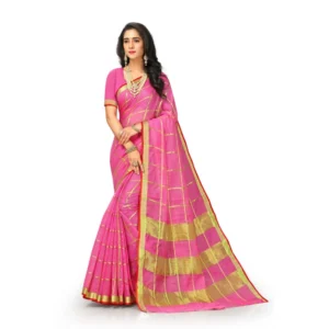 Women's Kota Doria Cotton Saree With Blouse (Pink,6-3 Mtrs)