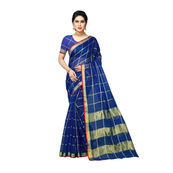 Women's Kota Doria Cotton Saree With Blouse (Blue,6-3 Mtrs)