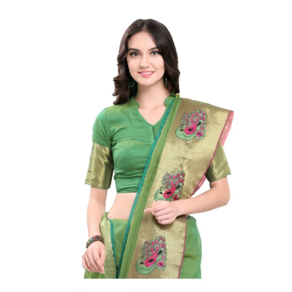 Women's Kota Doria Cotton Saree With Blouse (Green,6-3 Mtrs)