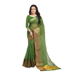 Women's Kota Doria Cotton Saree With Blouse (Green,6-3 Mtrs)