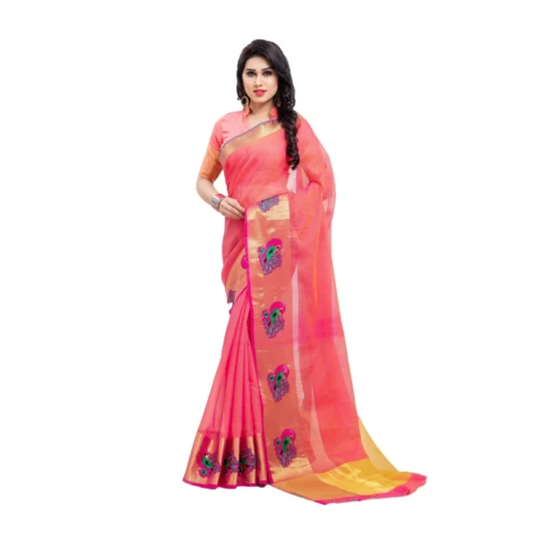 Women's Kota Doria Cotton Saree With Blouse (Pink,6-3 Mtrs)
