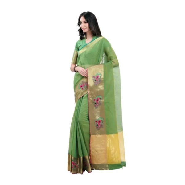 Women's Kota Doria Cotton Saree With Blouse (Green,6-3 Mtrs)