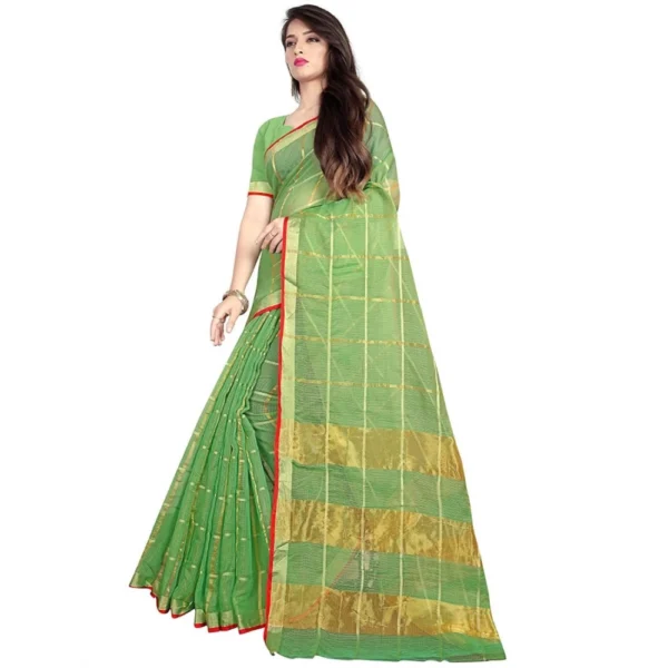 Women's Kota Doria Cotton Saree With Blouse (Green,6-3 Mtrs)