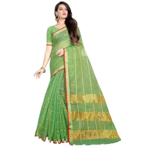 Women's Kota Doria Cotton Saree With Blouse (Green,6-3 Mtrs)