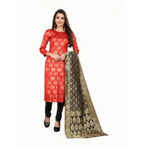 Women's Jacquard Silk Unstitched Salwar-Suit Material With Dupatta (Red,2-2.5Mtrs)