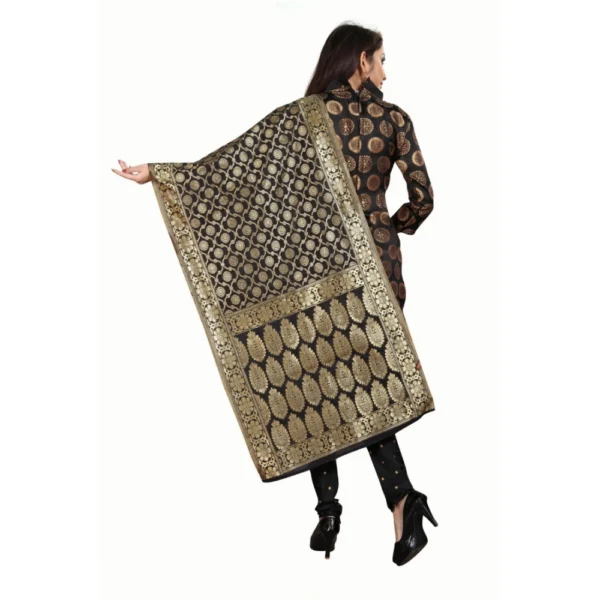 Women's Jacquard Silk Unstitched Salwar-Suit Material With Dupatta (Black,2-2.5Mtrs)