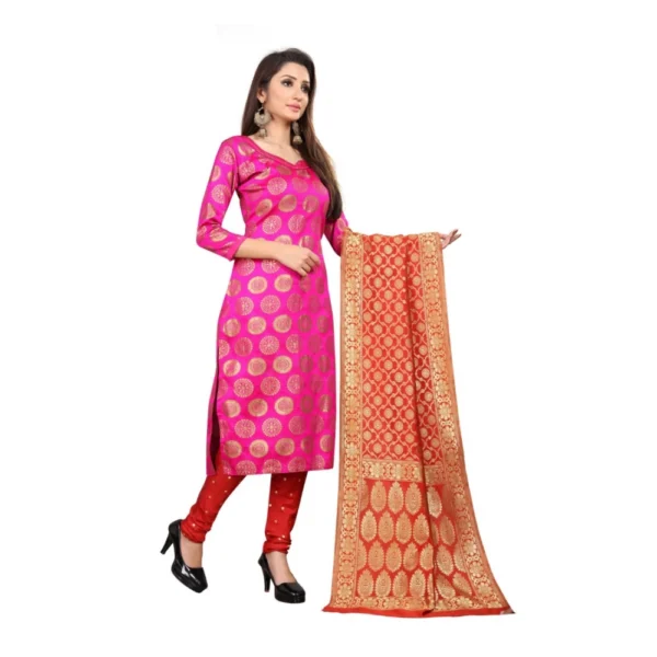 Women's Jacquard Silk Unstitched Salwar-Suit Material With Dupatta (Pink,2-2.5Mtrs)