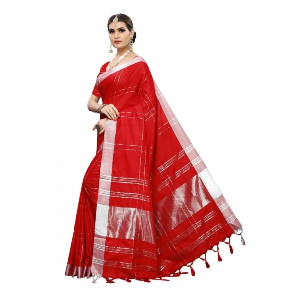 Women's Cotton Blend Saree(Red,5-6 Mtrs)