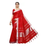 Women's Cotton Blend Saree(Red,5-6 Mtrs)