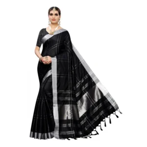 Women's Cotton Blend Saree(Black,5-6 Mtrs)