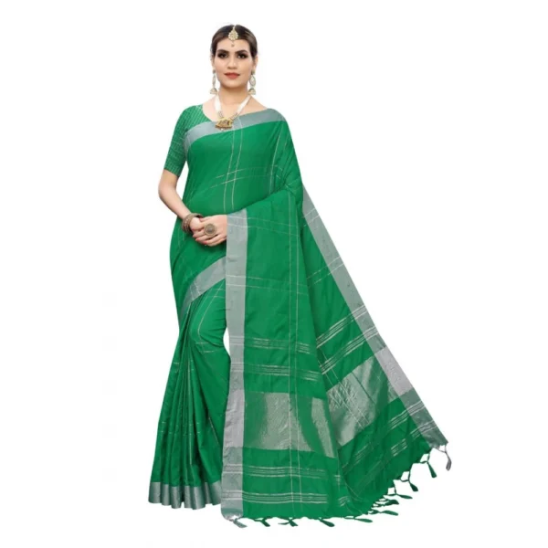 Women's Cotton Blend Saree(Dark Green,5-6 Mtrs)