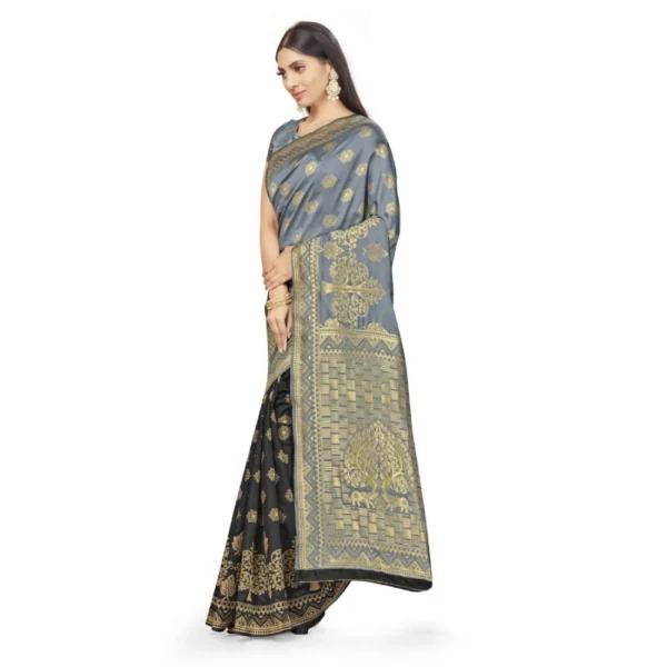 Women's Banarasi Silk Saree (Grey,Black,5-6 Mtrs)