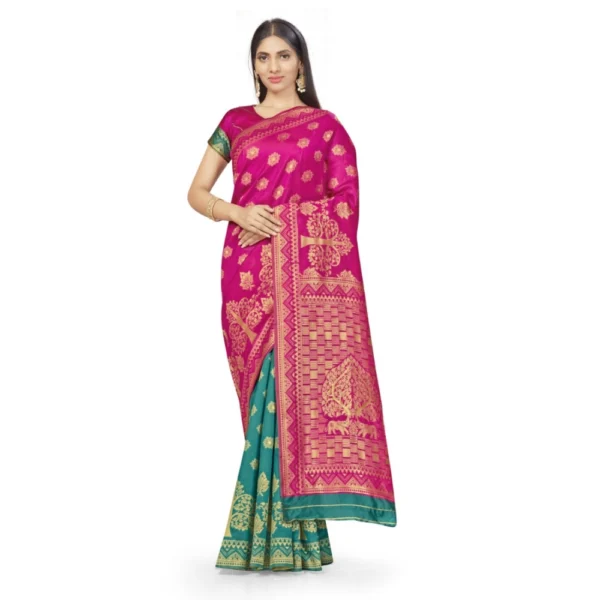 Women's Banarasi Silk Saree (Pink,Green,5-6 Mtrs)