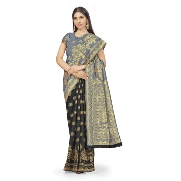 Women's Banarasi Silk Saree (Grey,Black,5-6 Mtrs)