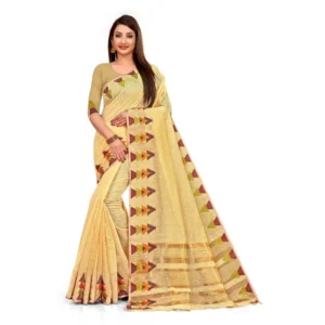 Women's Cotton Blend Saree (Beige ,5-6Mtrs)
