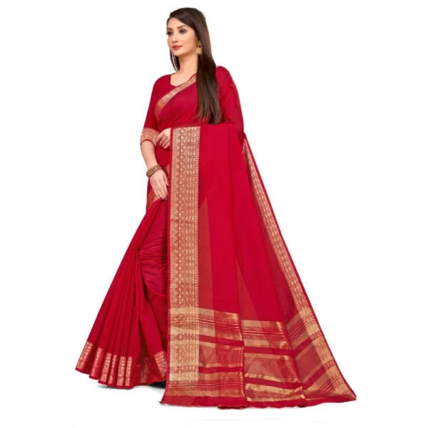 Women's Cotton Blend Saree (Red ,5-6Mtrs)