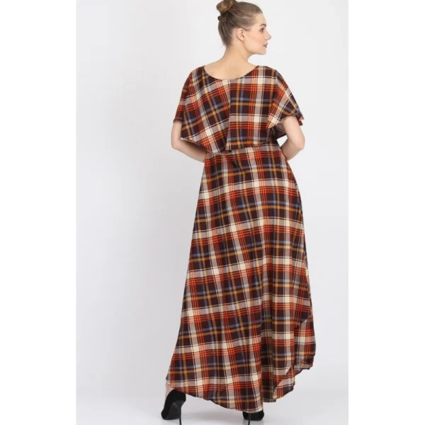 Women's Crepe Checked Half Sleeves Full Length Gown(Multi)