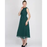 Women's Georgette Solid Sleeveless Full Length Gown(Green)