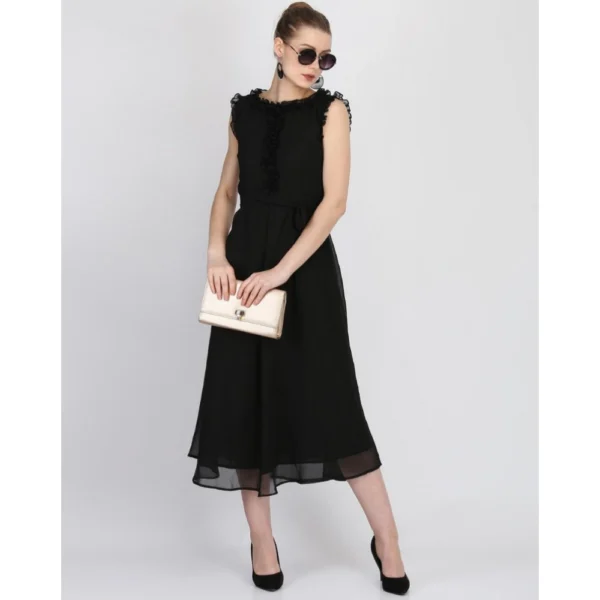Women's Georgette Solid Sleeveless Full Length Gown(Black)