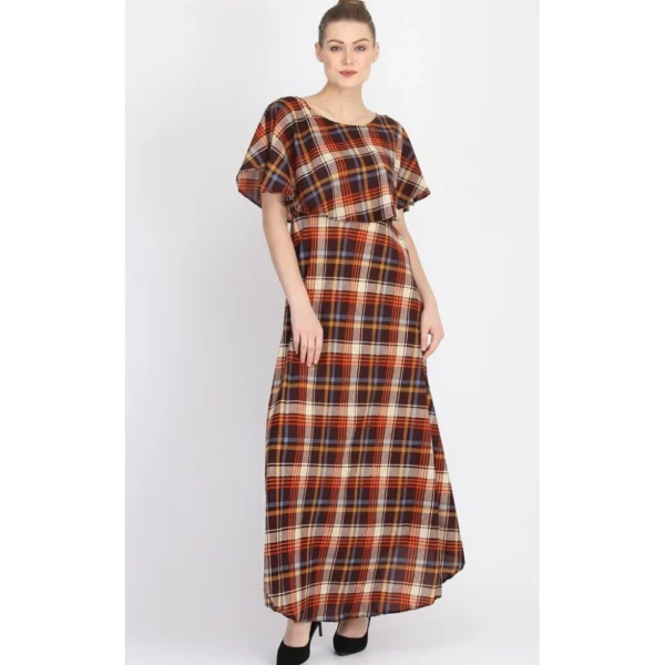 Women's Crepe Checked Half Sleeves Full Length Gown(Multi)