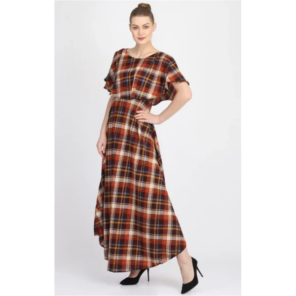 Women's Crepe Checked Half Sleeves Full Length Gown(Multi)