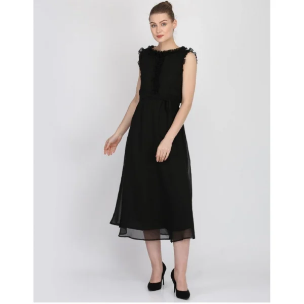 Women's Georgette Solid Sleeveless Full Length Gown(Black)
