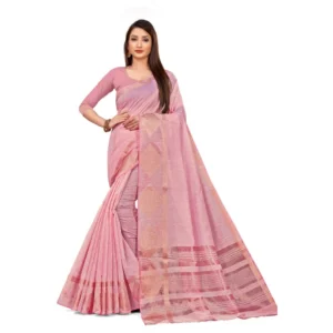 Women's Cotton Blend Saree (Lite Pink ,5-6Mtrs)