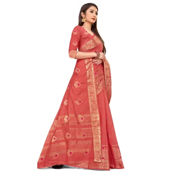 Women's Cotton Blend Saree (Peach ,5-6Mtrs)
