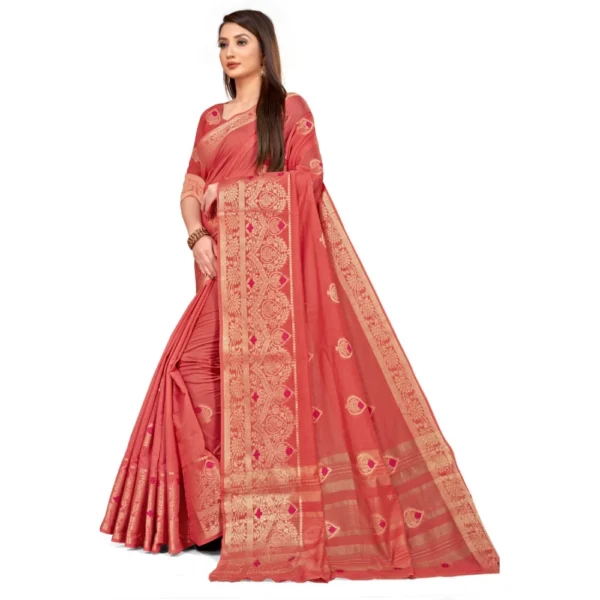 Women's Cotton Blend Saree (Peach ,5-6Mtrs)