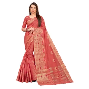 Women's Cotton Blend Saree (Peach ,5-6Mtrs)