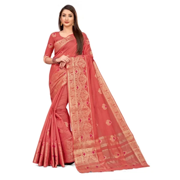 Women's Cotton Blend Saree (Peach ,5-6Mtrs)