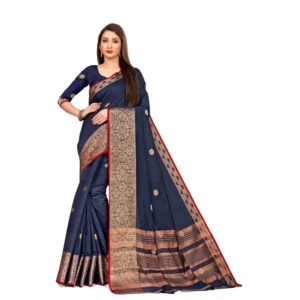 Women's Cotton Blend Saree (Navy Blue ,5-6Mtrs)