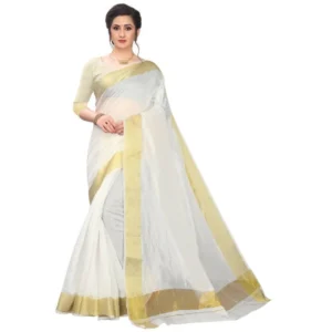 Women's Cotton Silk Saree (White ,5-6Mtrs)
