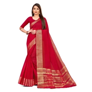 Women's Cotton Blend Saree (Red ,5-6Mtrs)
