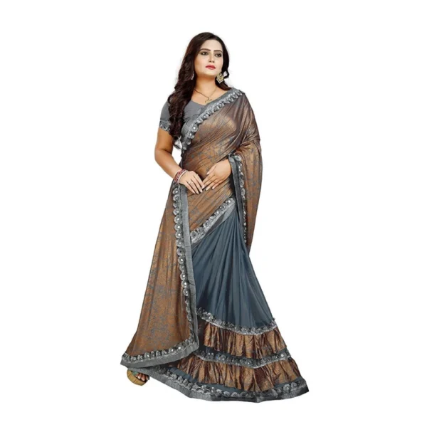 Women's Lycra Blend Sarees (Greay And Brown , 5-6Mtrs)
