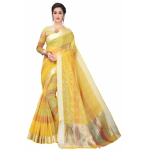 Women's Cotton Blend Sarees (Yellow , 5-6Mtrs)