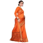 Women's Cotton Blend Sarees (Orange , 5-6Mtrs)