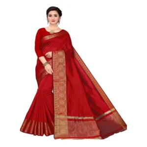 Women's Cotton Blend Sarees (Red , 5-6Mtrs)