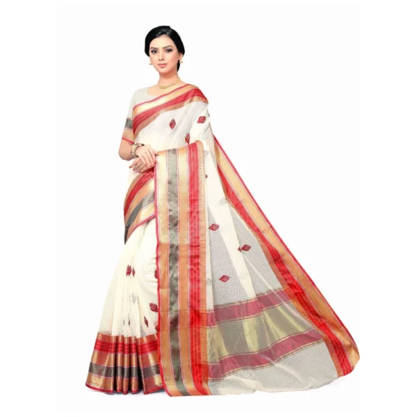 Women's Cotton Blend Sarees (White , 5-6Mtrs)