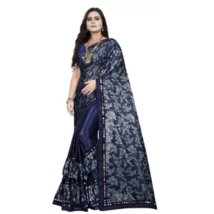 Women's Lycra Blend Sarees (Dark Blue , 5-6Mtrs)
