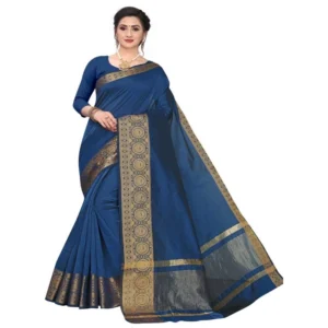 Women's Cotton Blend Sarees (Dark Blue , 5-6Mtrs)