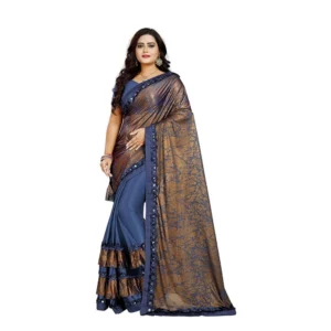 Women's Lycra Blend Sarees (Blue And Brown , 5-6Mtrs)