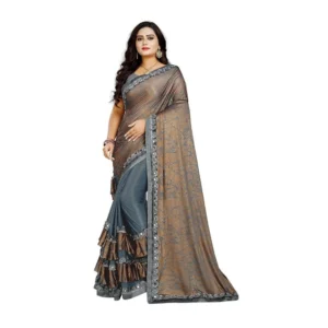 Women's Lycra Blend Sarees (Greay And Brown , 5-6Mtrs)