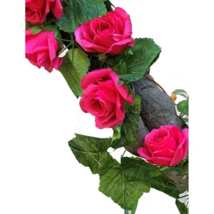 Generic Silk Polyester Artificial Big Dark Pink Rose Vine Flowers With Green Leaves For Wall Decoration (Color: Pink,Length: 7.5 Feet)