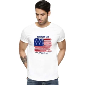 Unisex Half Sleeves American Flag Tshirts (Color:White, Material:Polyester)