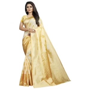 Women's Kota Banarasi Silk Saree With Blouse(White,5-6Mtrs)