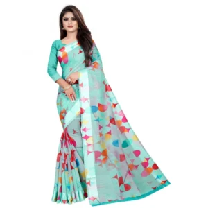 Women's Linen Cotton Blend Saree With Blouse(SkyBlue,5-6Mtrs)