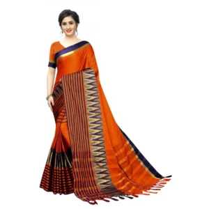 Women's Polyster Cotton Saree With Blouse(Orange,5-6Mtrs)